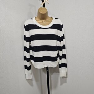 Black Cream Wide Striped Rugby Sweater Womens Lg Classic Knit Long Sleeve Preppy